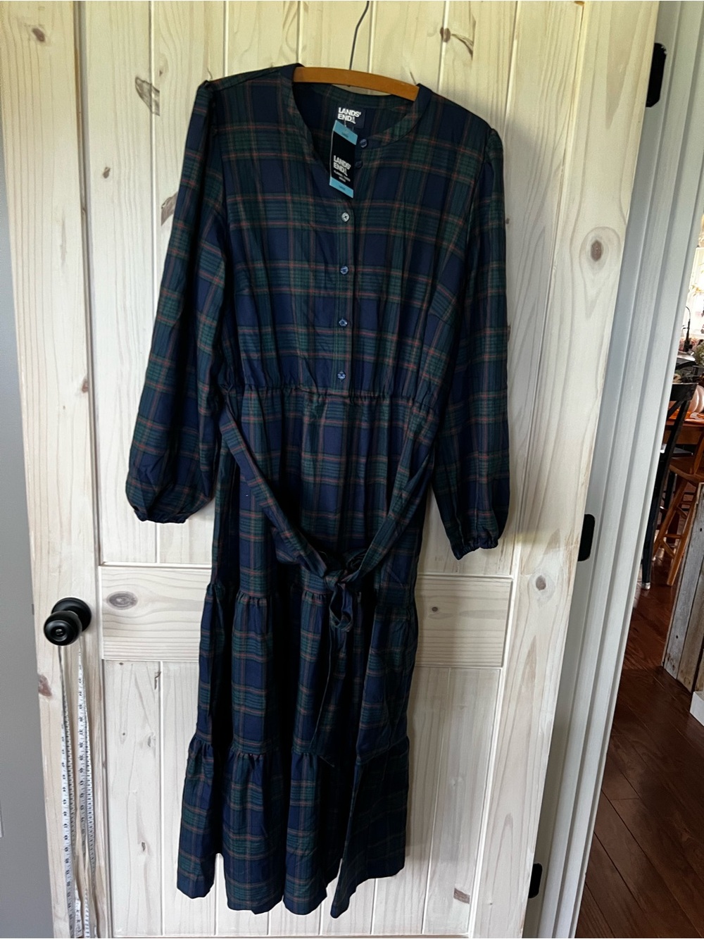 Lands' End Navy and Green Plaid Long-Sleeve Midi Dress